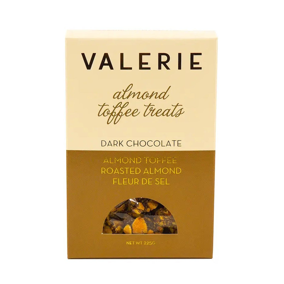Valerie almond toffee treats packaging on a white background