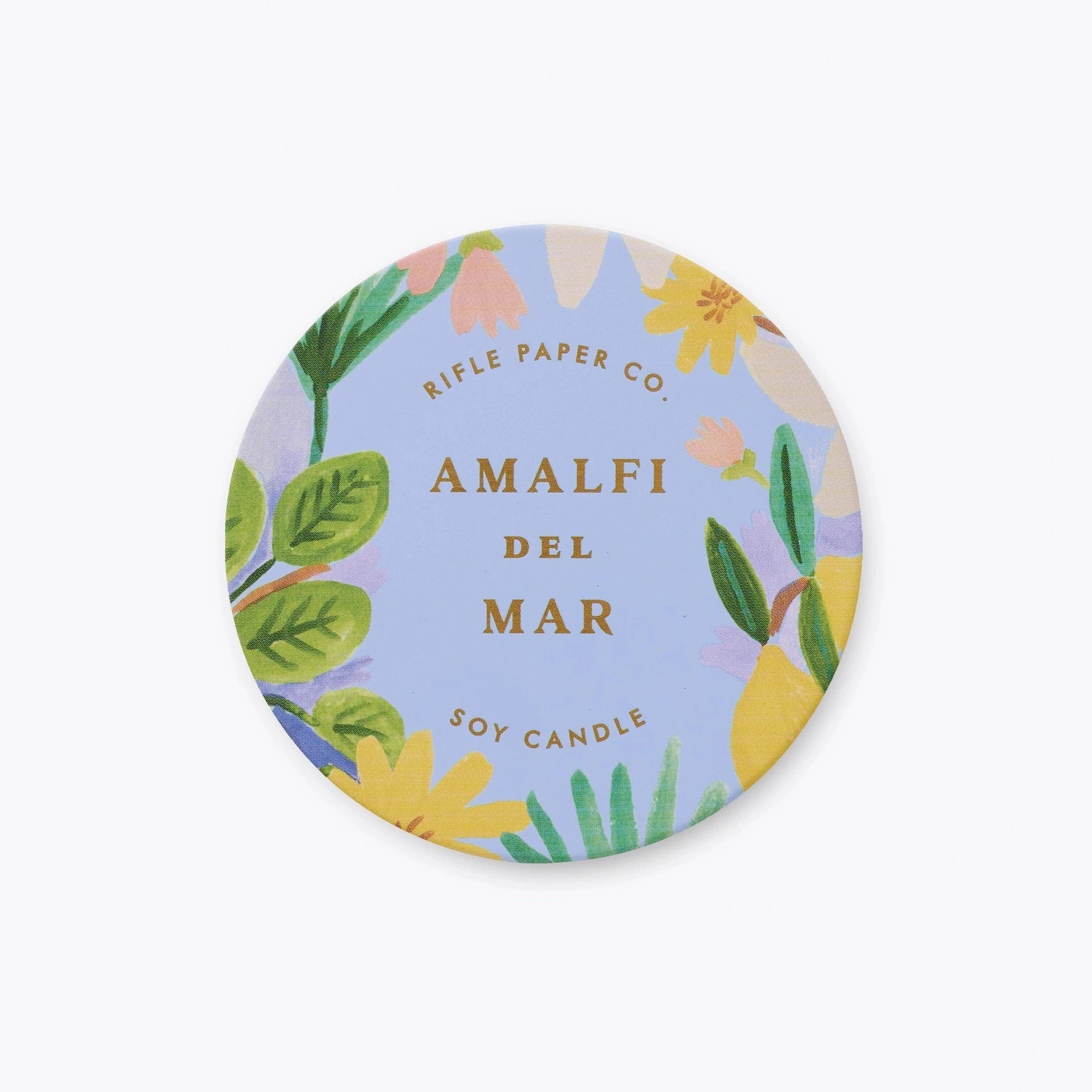 round lid with gold text and greenery illustrated 
