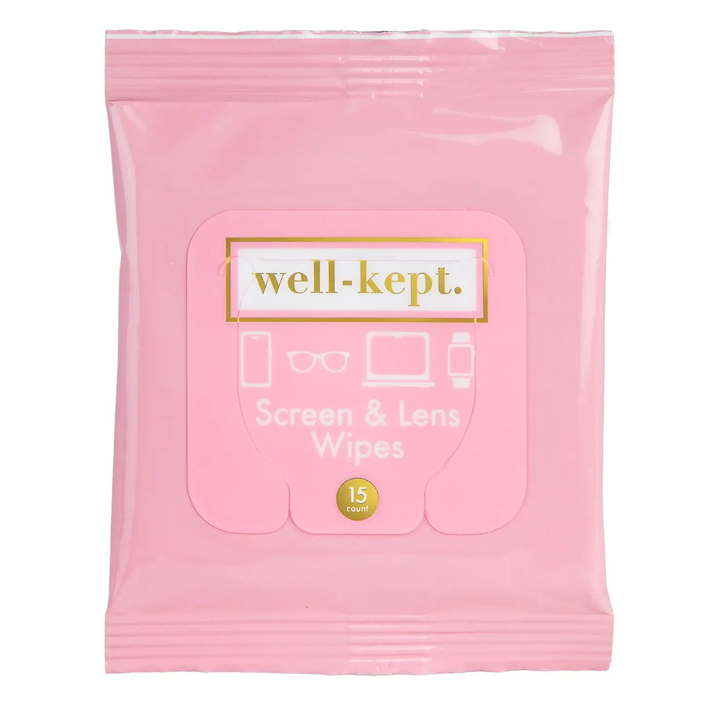 Pink package of 'well-kept.' screen and lens wipes on a white background