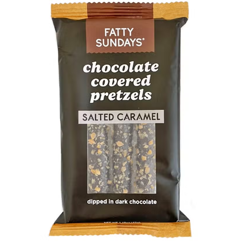 brown bag with yellow serated edges. has white text and clear window showing pretzels inside