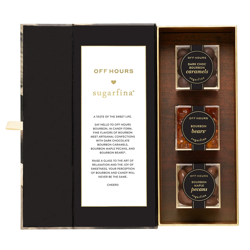 sugarfinaOff Hours chocolate set with a description card on a white background