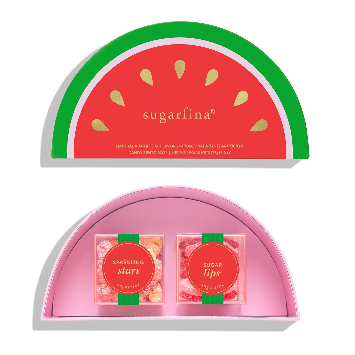 sugarfina candy box shaped like a watermelon slice with two candy packages inside.