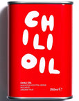 bright red aluminum olive oil bottle with white text on the front