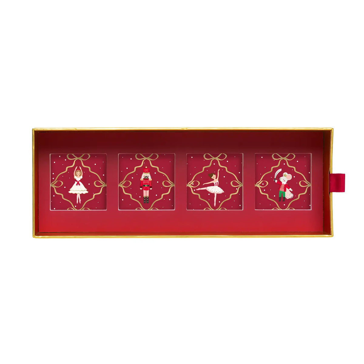 A red and gold holiday advent-style gift box with four sliding compartments, each decorated with a different ballerina-themed illustration on a red background.