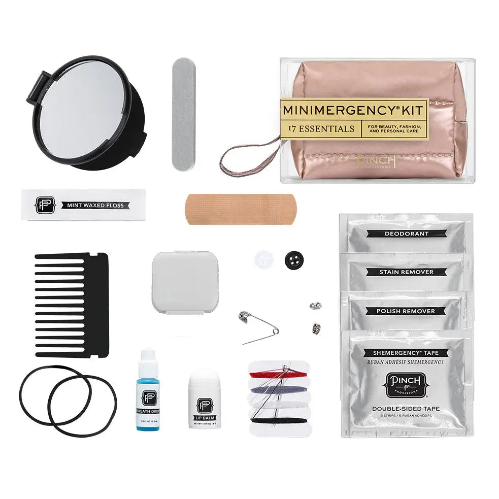 Collection of mini emergency kit contents including a mirror, floss, bandage, and other small items on a white background.