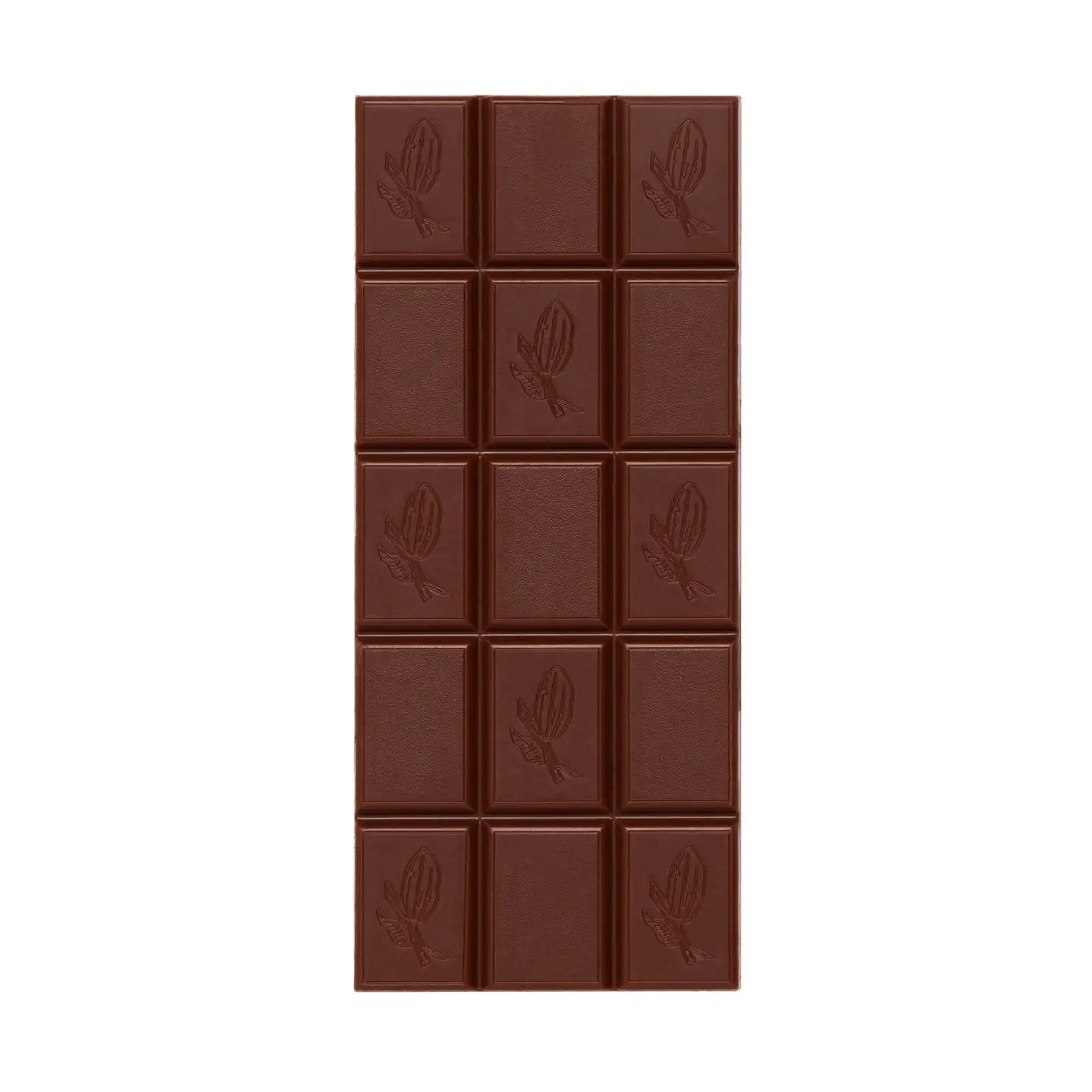 Chocolate bar with embossed designs on a white background