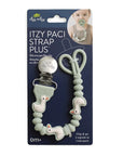 Itzy Paci Strap Plus silicone pacifier clip and strap set in sage green, featuring duck-shaped beads and a silver metal clip, displayed on its dark blue retail packaging card.