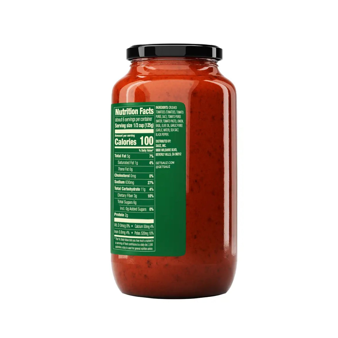 Jar of red sauce with a green label on a white background