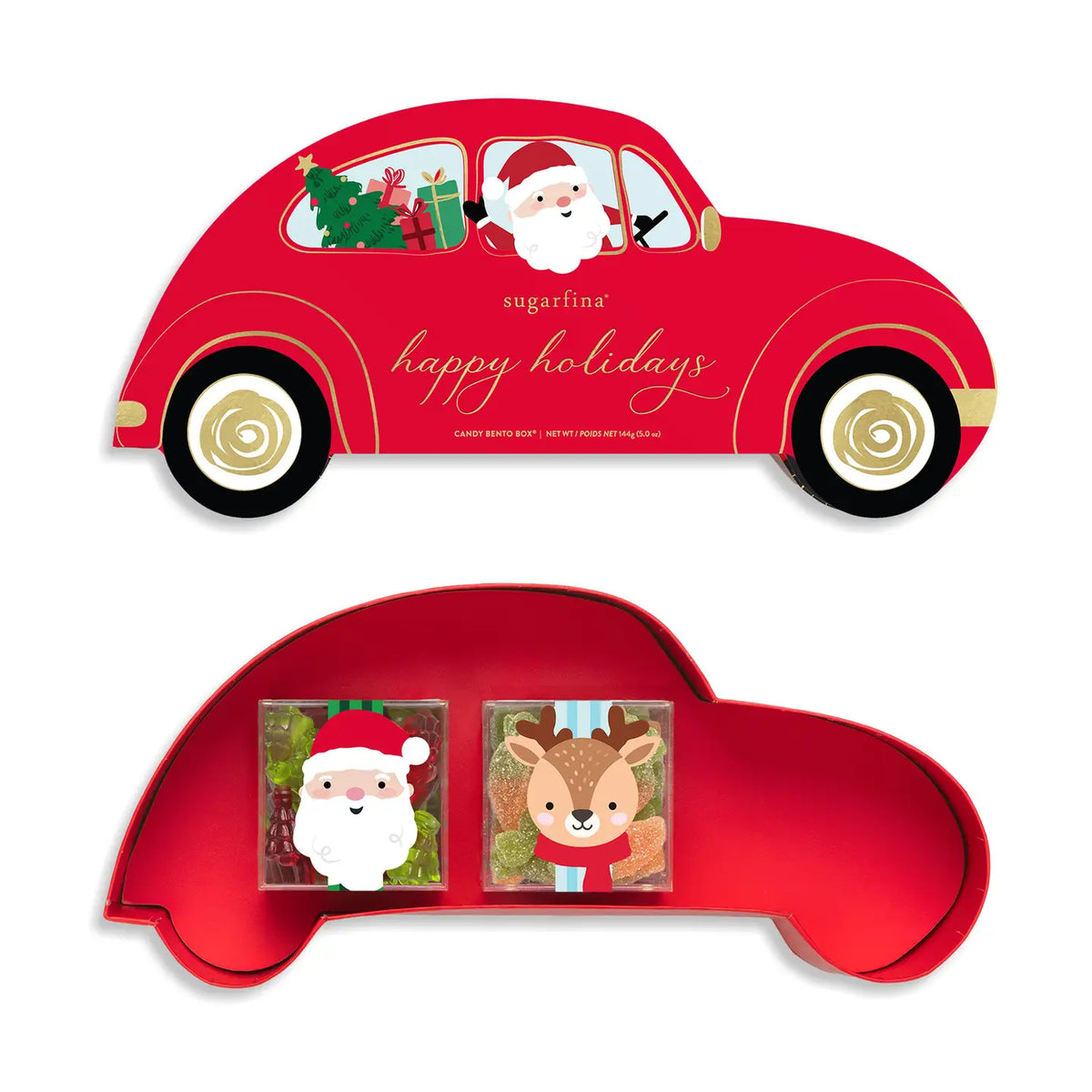 A red car-shaped holiday gift box shown from the front and back on a white background. The top view shows Santa driving the car with a Christmas tree and presents in the window, plus the text 'sugarlina happy holidays.