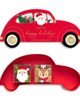 A red car-shaped holiday gift box shown from the front and back on a white background. The top view shows Santa driving the car with a Christmas tree and presents in the window, plus the text 'sugarlina happy holidays.