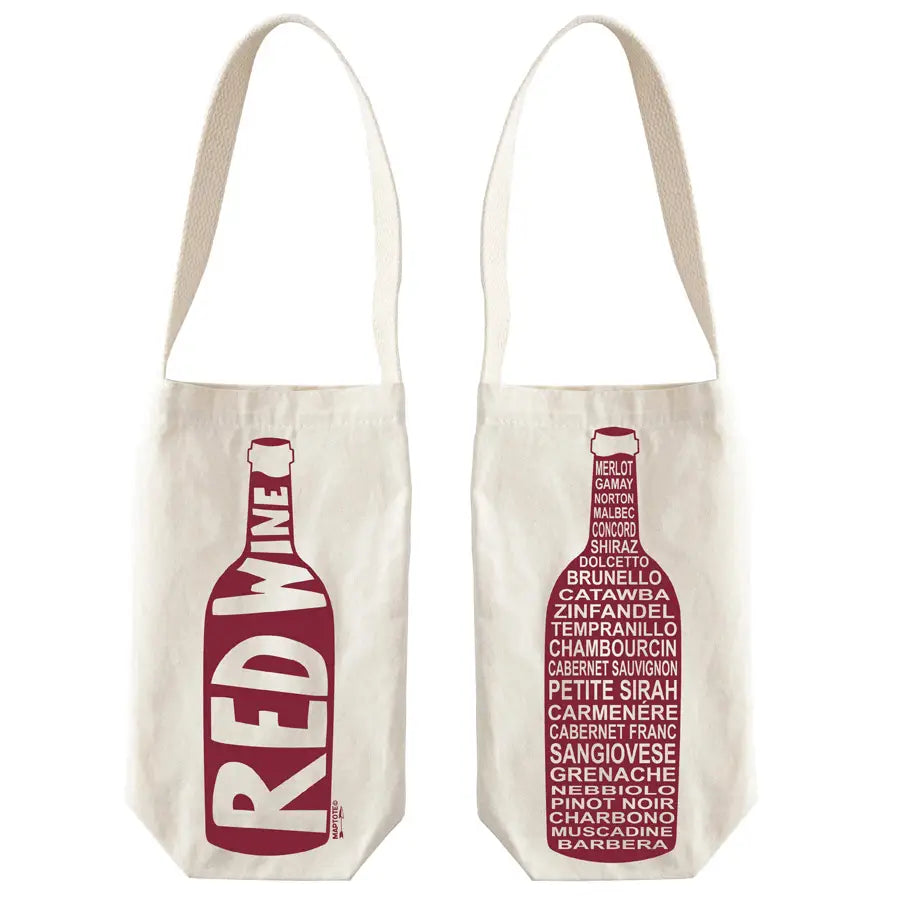 Two canvas wine bags with red wine bottle design and text on a white background