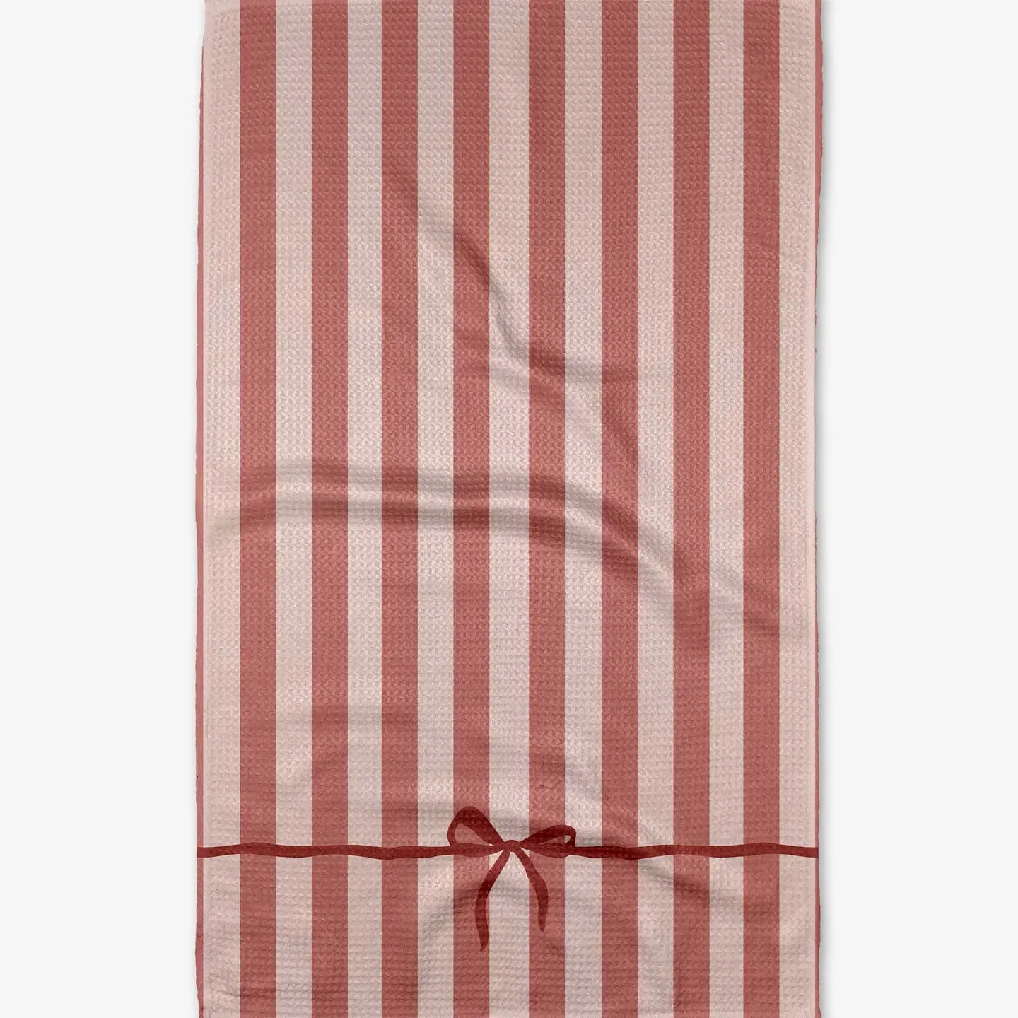 red and pink striped tea towel with a red bow