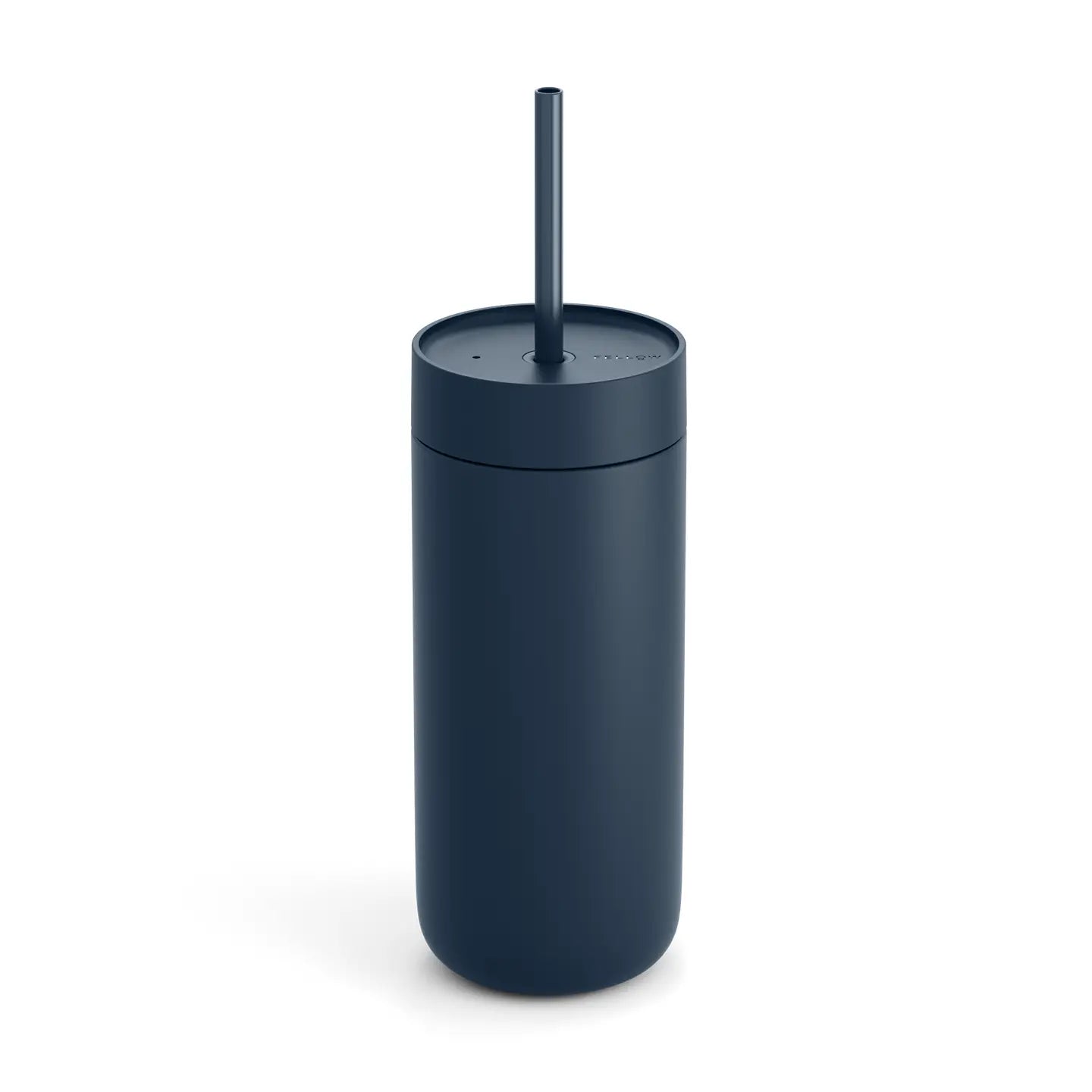 Navy blue tumbler with a straw on a white background