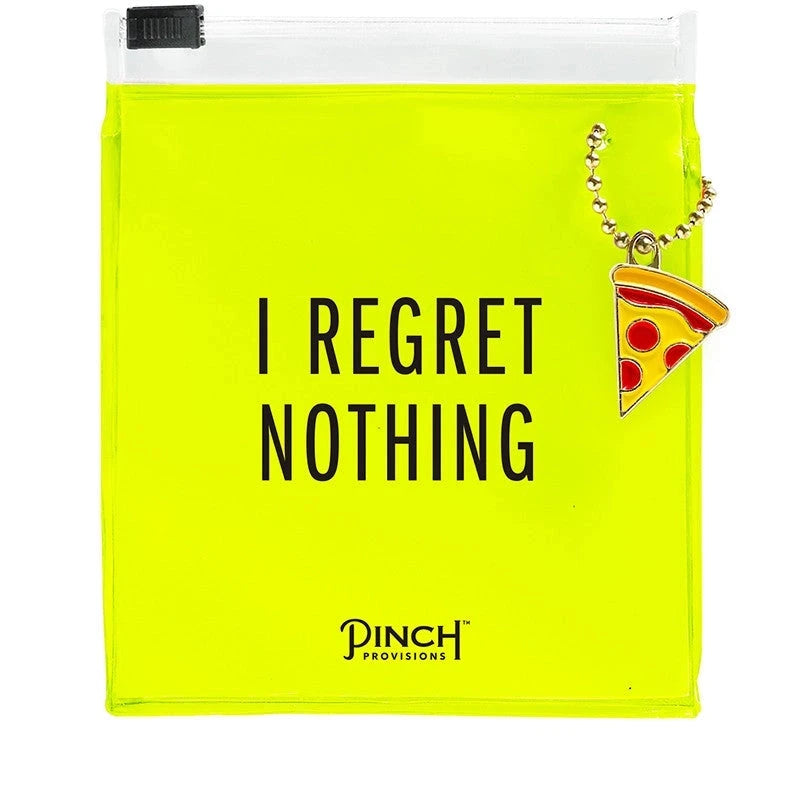 Neon yellow pouch with "I REGRET NOTHING" on it as well as a pizza charm