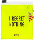 Neon yellow pouch with "I REGRET NOTHING" on it as well as a pizza charm