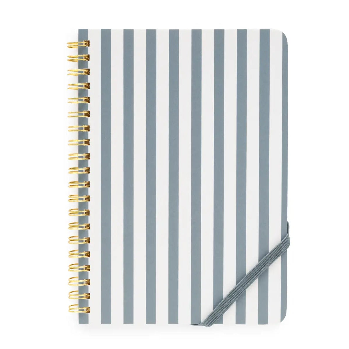 Notebook with blue and white striped cover and gold spiral binding on a white background