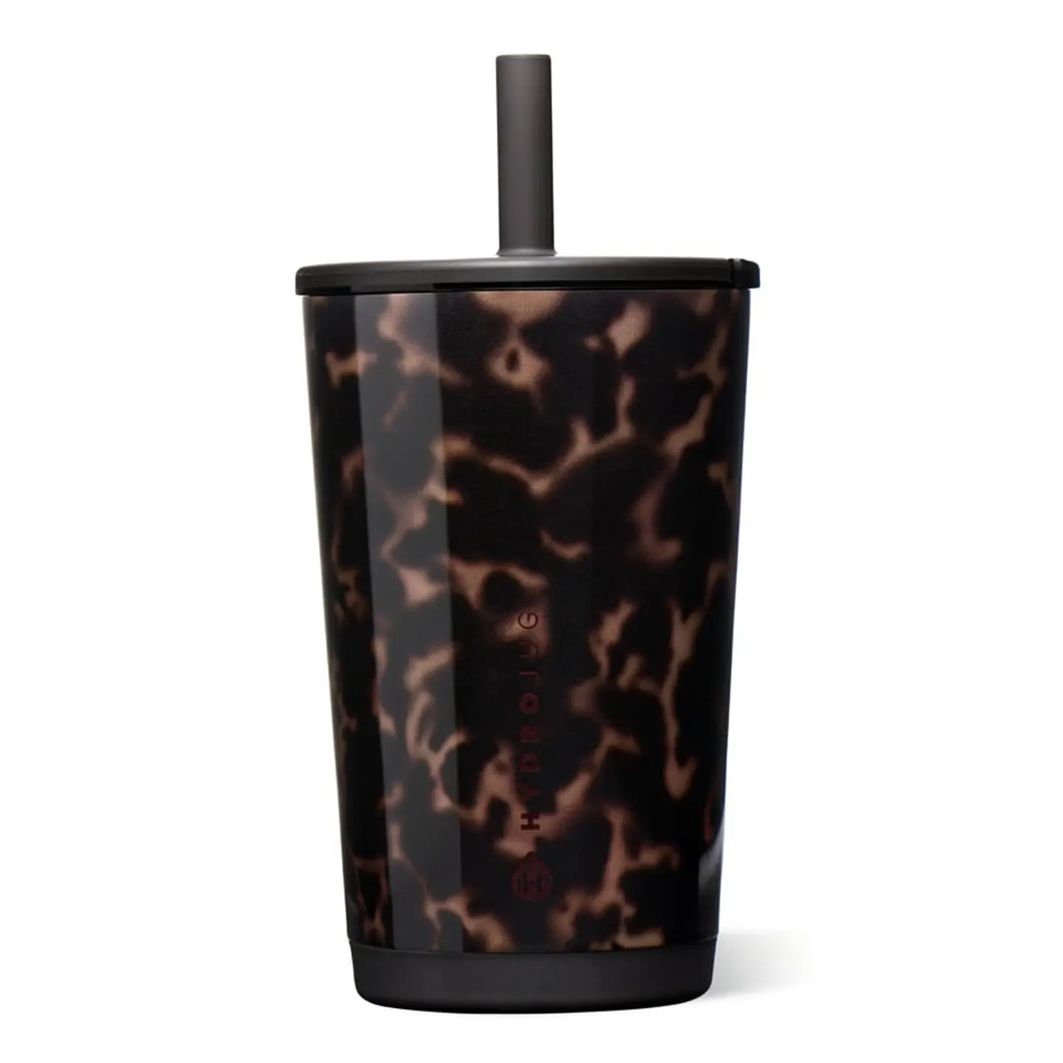A tall insulated tumbler with a black lid and straw, featuring a dark brown and black tortoiseshell pattern, shown on a plain white background.