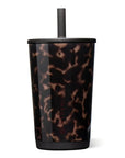 A tall insulated tumbler with a black lid and straw, featuring a dark brown and black tortoiseshell pattern, shown on a plain white background.