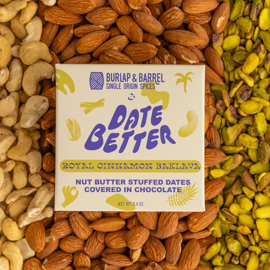 Burlap &amp; Barrel Date Better packaging surrounded by nuts and seeds