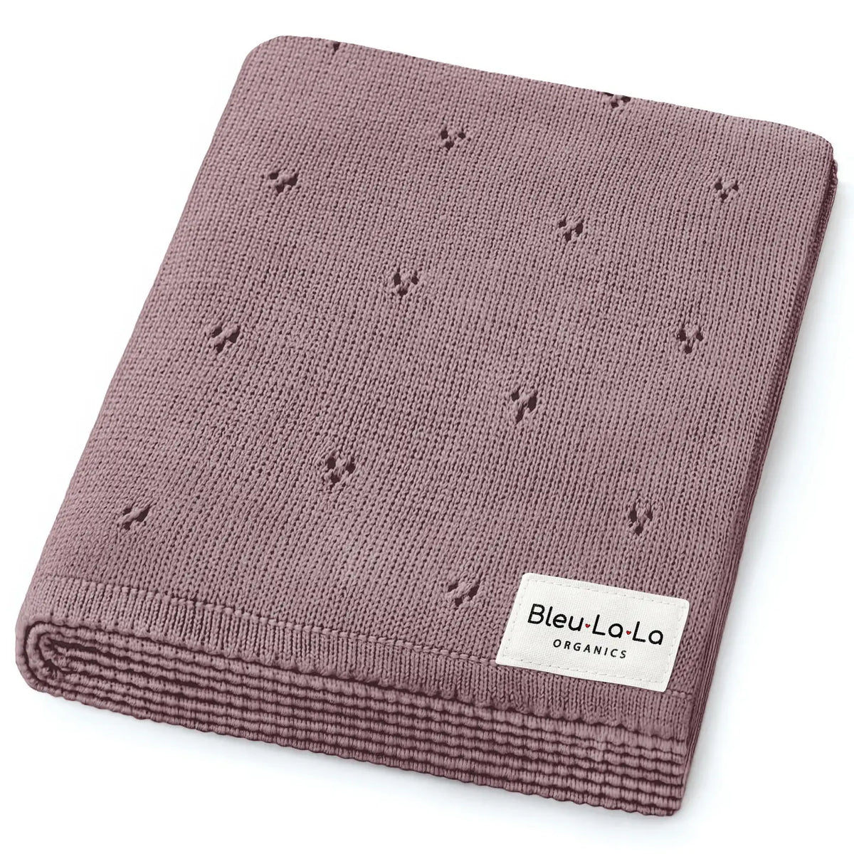 Brown knit blanket with small patterns and Bleu-La-La label on a white background