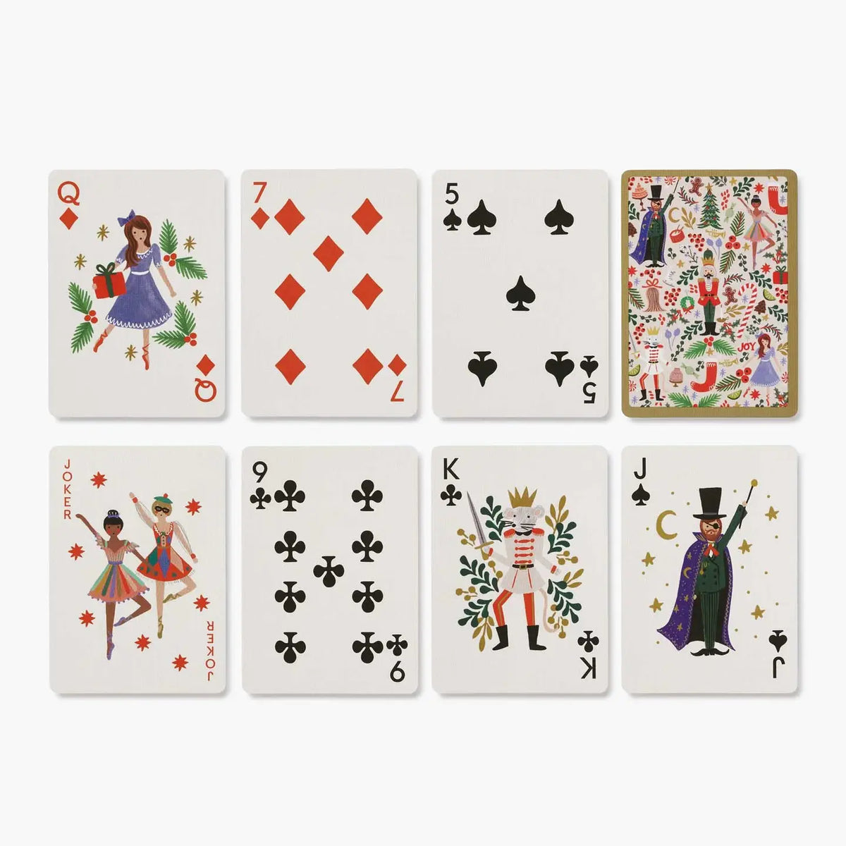 Eight illustrated playing cards arranged in a 2x4 grid on a light gray background. The cards show festive holiday-themed designs with red diamond, black spade, and black club suits, along with colorful character illustrations on the face-up cards and a decorated back design visible on the right card.