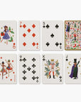 Eight illustrated playing cards arranged in a 2x4 grid on a light gray background. The cards show festive holiday-themed designs with red diamond, black spade, and black club suits, along with colorful character illustrations on the face-up cards and a decorated back design visible on the right card.