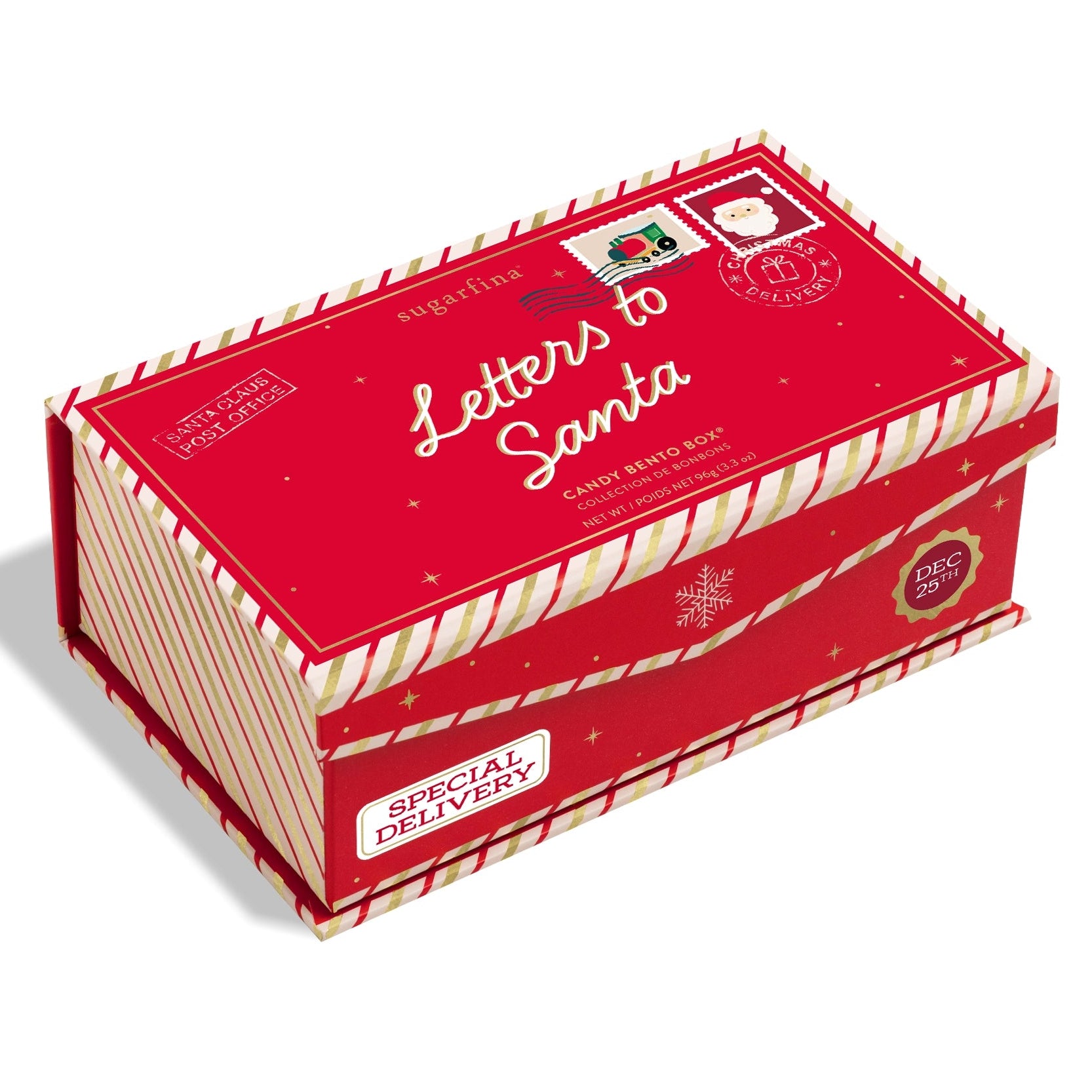 Red candy box with 'Letters to Santa' text on a white background
