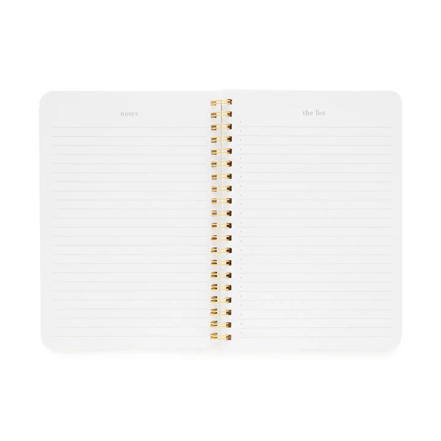 White notebook with gold spiral binding on a white background