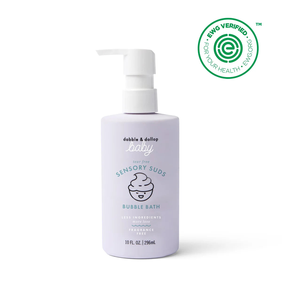 A bottle of 'doodle &amp; diplop baby' Sensory Suds Bubble Bath in a pale lavender color with a white pump dispenser. A green circular EWG Verified badge is displayed in the upper right corner on a clean white background.