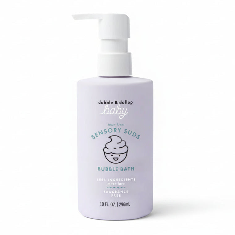 A bottle of 'doodle & diplop baby' Sensory Suds Bubble Bath in a pale lavender color with a white pump dispenser. A green circular EWG Verified badge is displayed in the upper right corner on a clean white background.