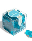 Clear plastic cube with blue whale gummies inside