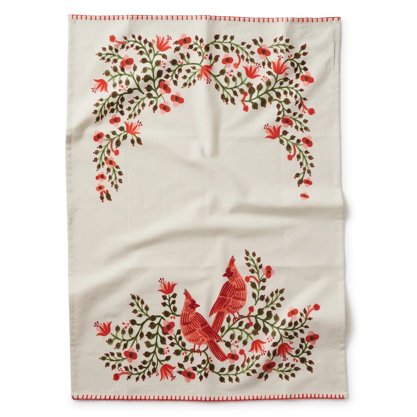 Decorative towel with red cardinals and floral patterns on a white background
