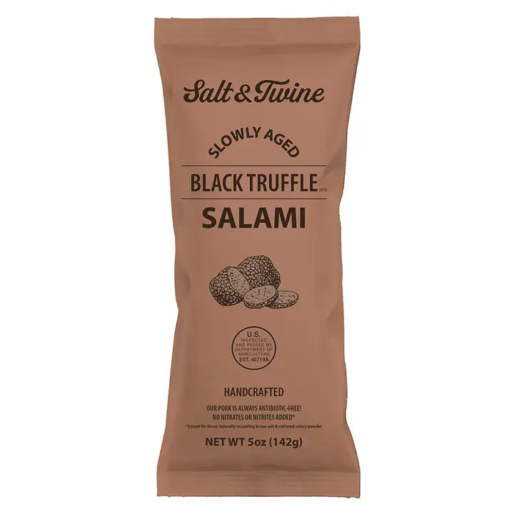 Brown package of Salt & Twine Black Truffle Salami on a white background