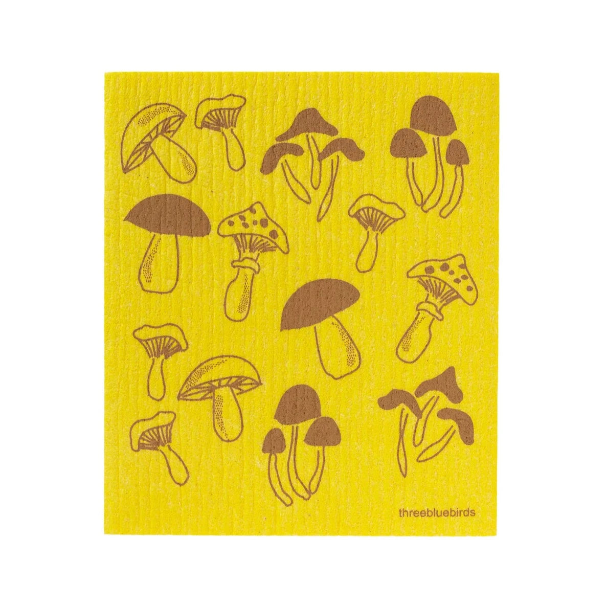 yellow Swedish dish cloth with brown fungi printed on it