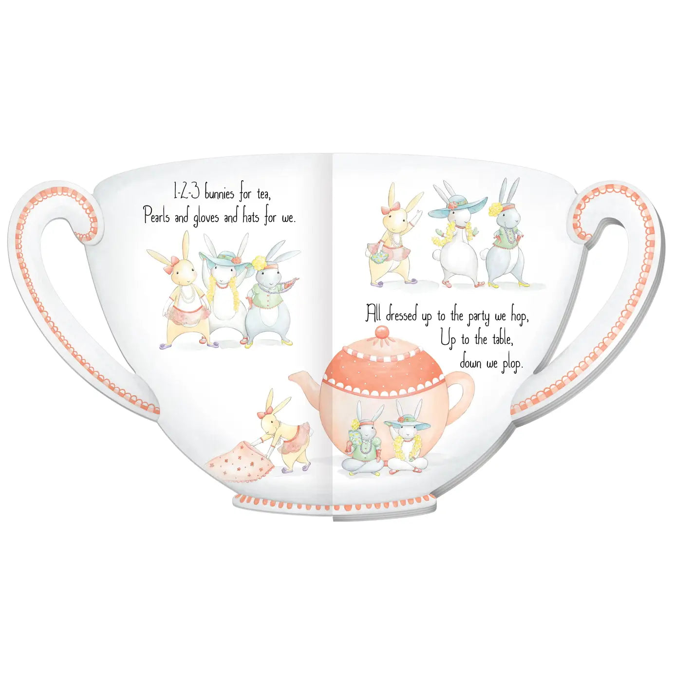 Teacup-shaped book with illustrations of bunnies and a teapot on a white background