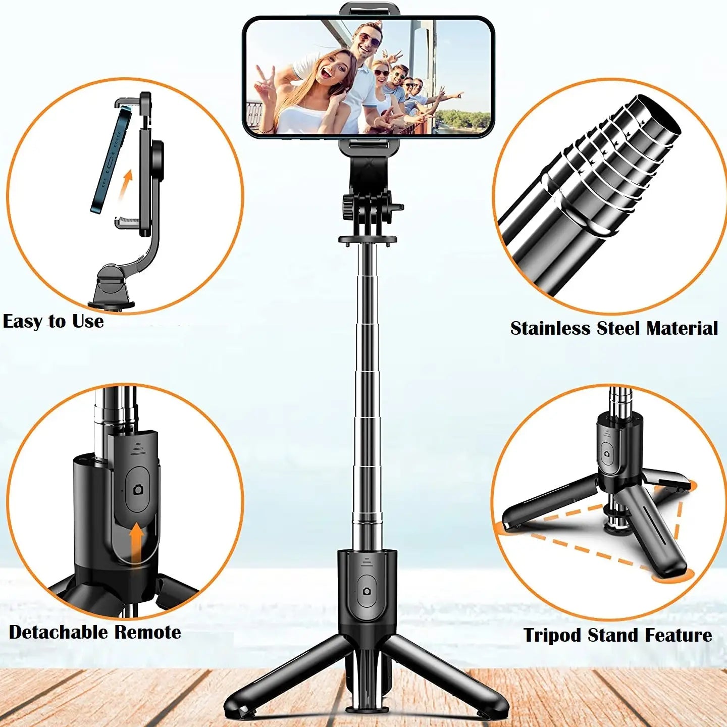 Smartphone holder with tripod stand, remote control, and stainless steel material features on a light background.