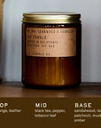 Brown candle with a label on a wooden surface, featuring a description of its fragrance profile.