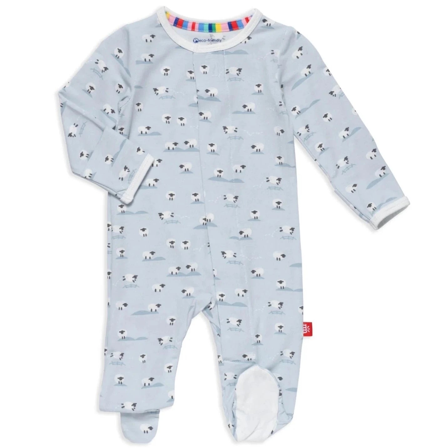 Blue long sleeve baby onesie with sheep on it