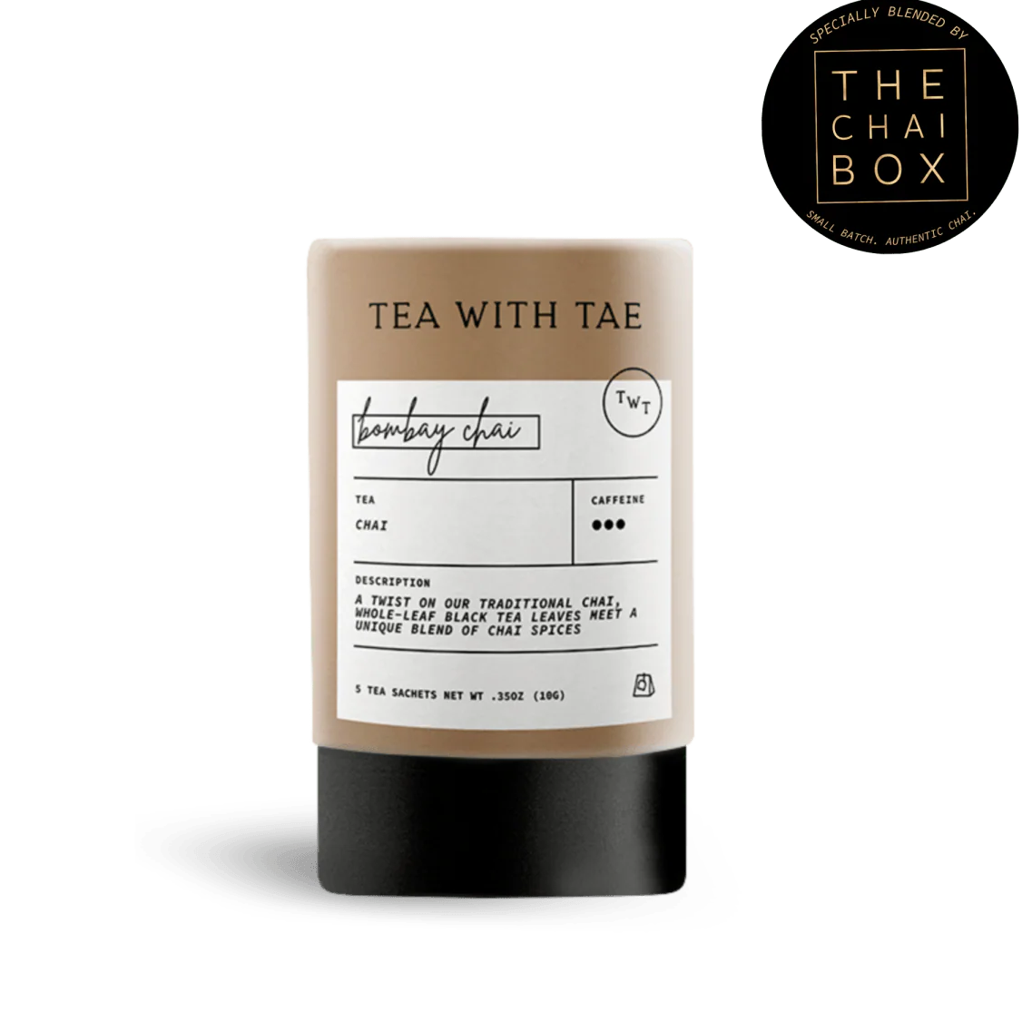 Tea package with label and 'The Chai Box' logo on a white background