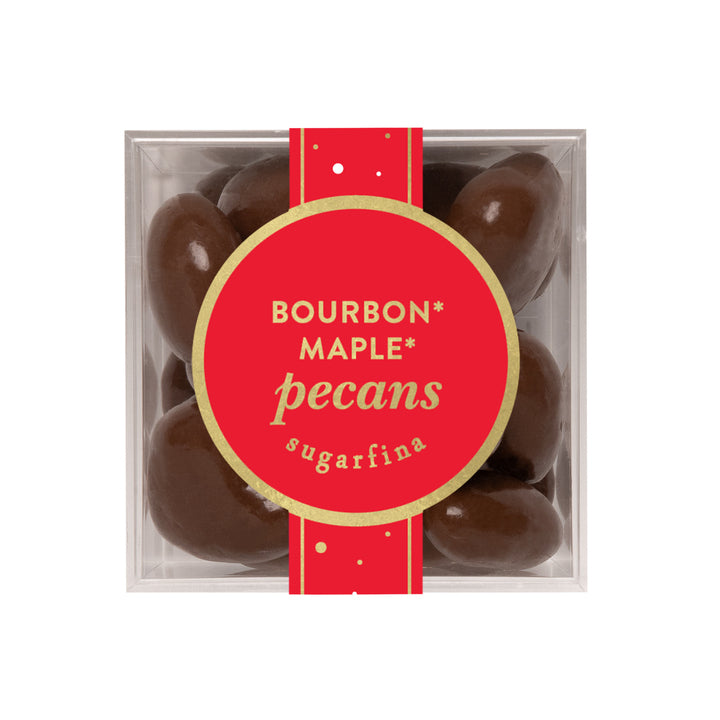 Box of Bourbon Maple Pecans by Sugarfina with a red label on a white background