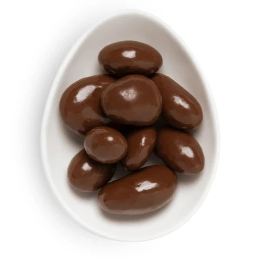 A small white oval dish filled with shiny chocolate-covered pecans, arranged neatly with a glossy surface.