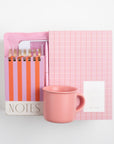 Notem Medium Vita Notebook - Rose, BOXFOX Camellia Pink Mug, BOXFOX Pink Bullet Pen, Designworks Pink & Orange Striped Notepad, and Touchland Berry Bliss Power Mist