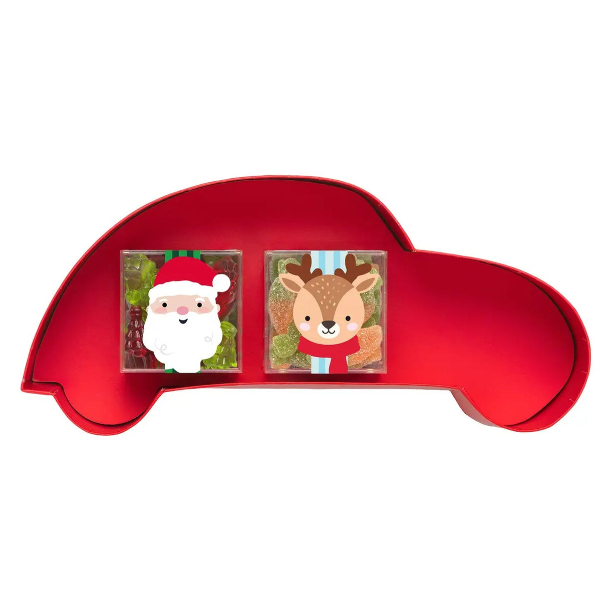 A red car-shaped decorative item featuring two small square holiday illustrations on the front: Santa Claus on the left and a cartoon deer on the right, shown on a plain white background.