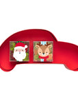 A red car-shaped decorative item featuring two small square holiday illustrations on the front: Santa Claus on the left and a cartoon deer on the right, shown on a plain white background.