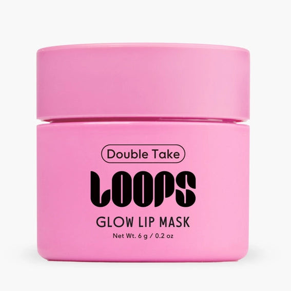 Pink lip mask container with 'LOOPS' branding on a white background