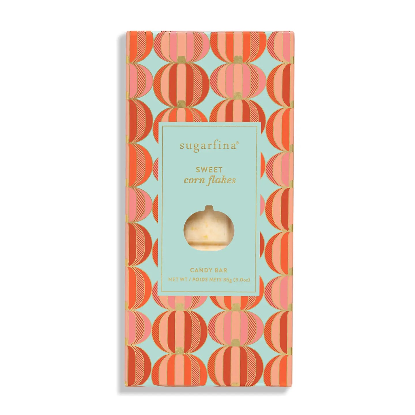 A packaged candy bar in a tall rectangular box with a repeating pumpkin pattern in orange, coral, and peach tones on a light aqua background. The center label reads 'sugarfina' and 'Sweet corn flakes' with a small pumpkin-shaped window showing the candy inside.