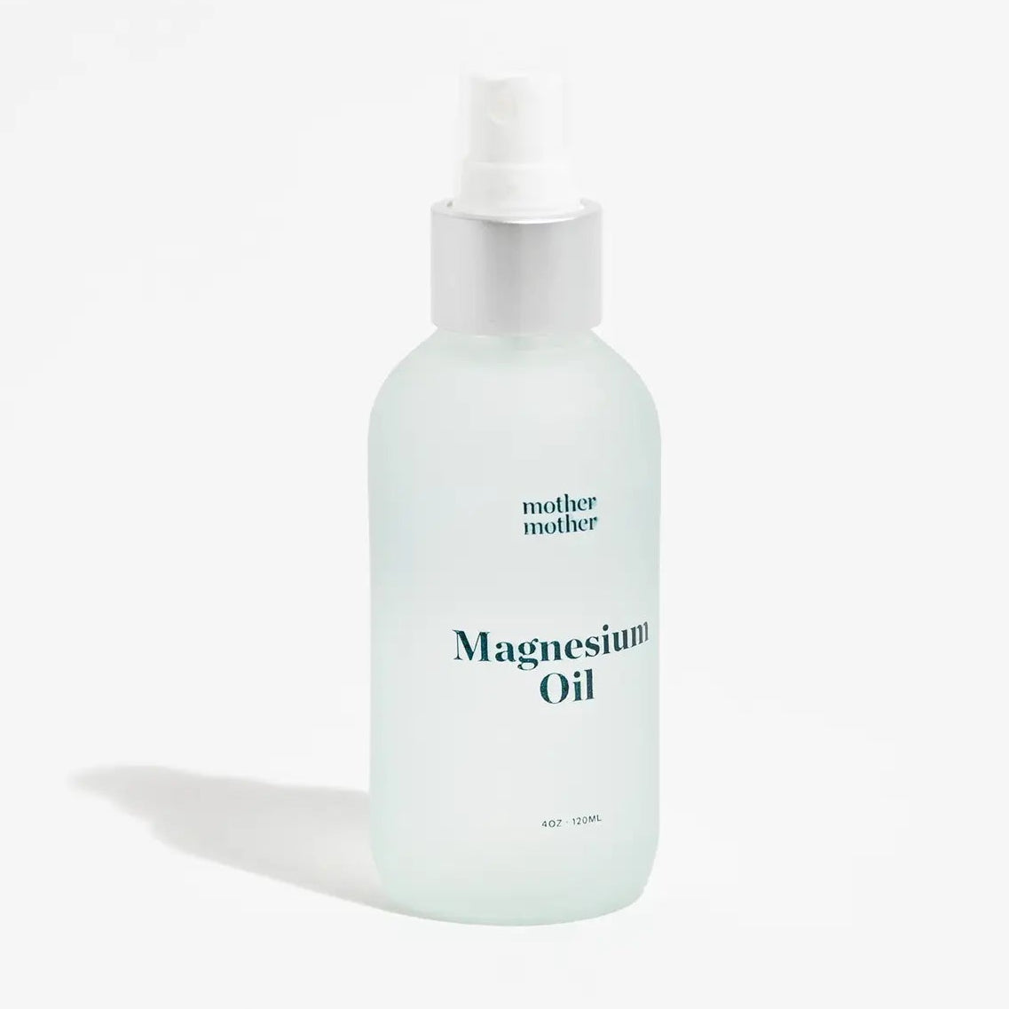 Bottle of magnesium oil with 'mother mother' branding on a white background