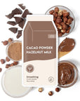 Cacao Powder Hazelnut Milk Smoothing Plant-Based Milk Mask packaging surrounded by chocolate, hazelnuts, powders and creams.