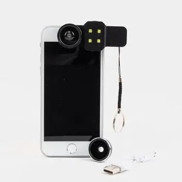 Smartphone with a camera lens attachment on a white background