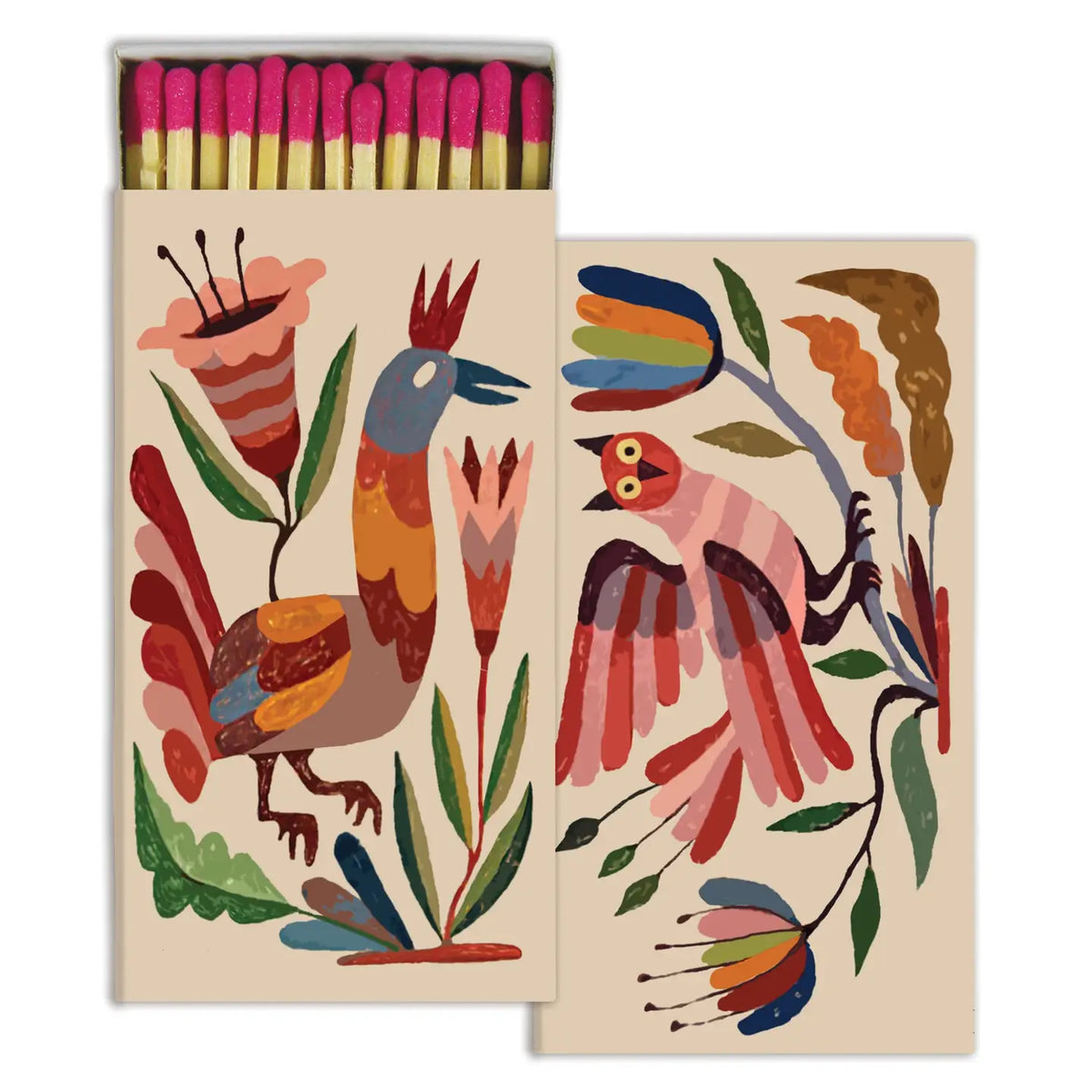 Matches with colorful bird and floral design on a beige background